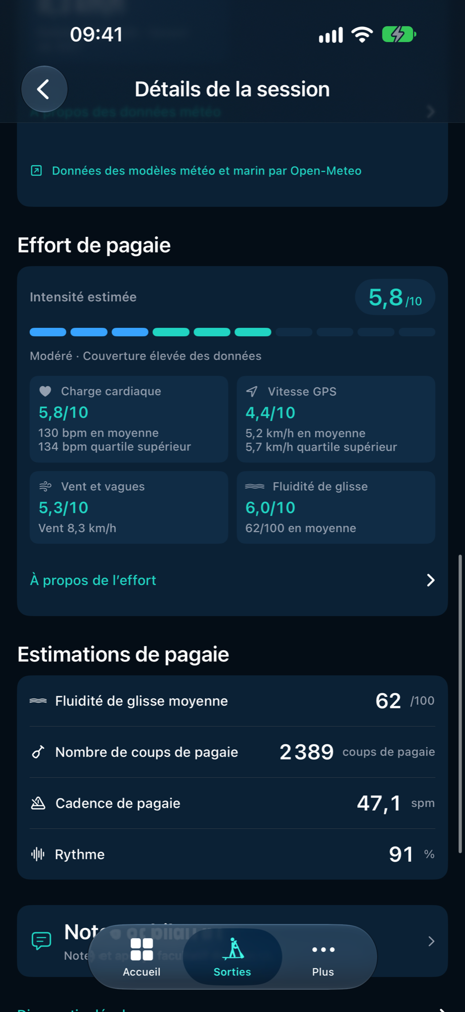 Estimations de pagaie de PaddleForm montrant la fluidité de glisse, le nombre de coups, la cadence et le rythme de la sortie de démonstration.