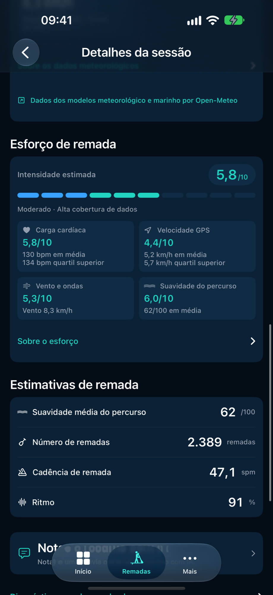 Estimativas do PaddleForm com suavidade do percurso, contagem de remadas, cadência e ritmo da remada de demonstração.