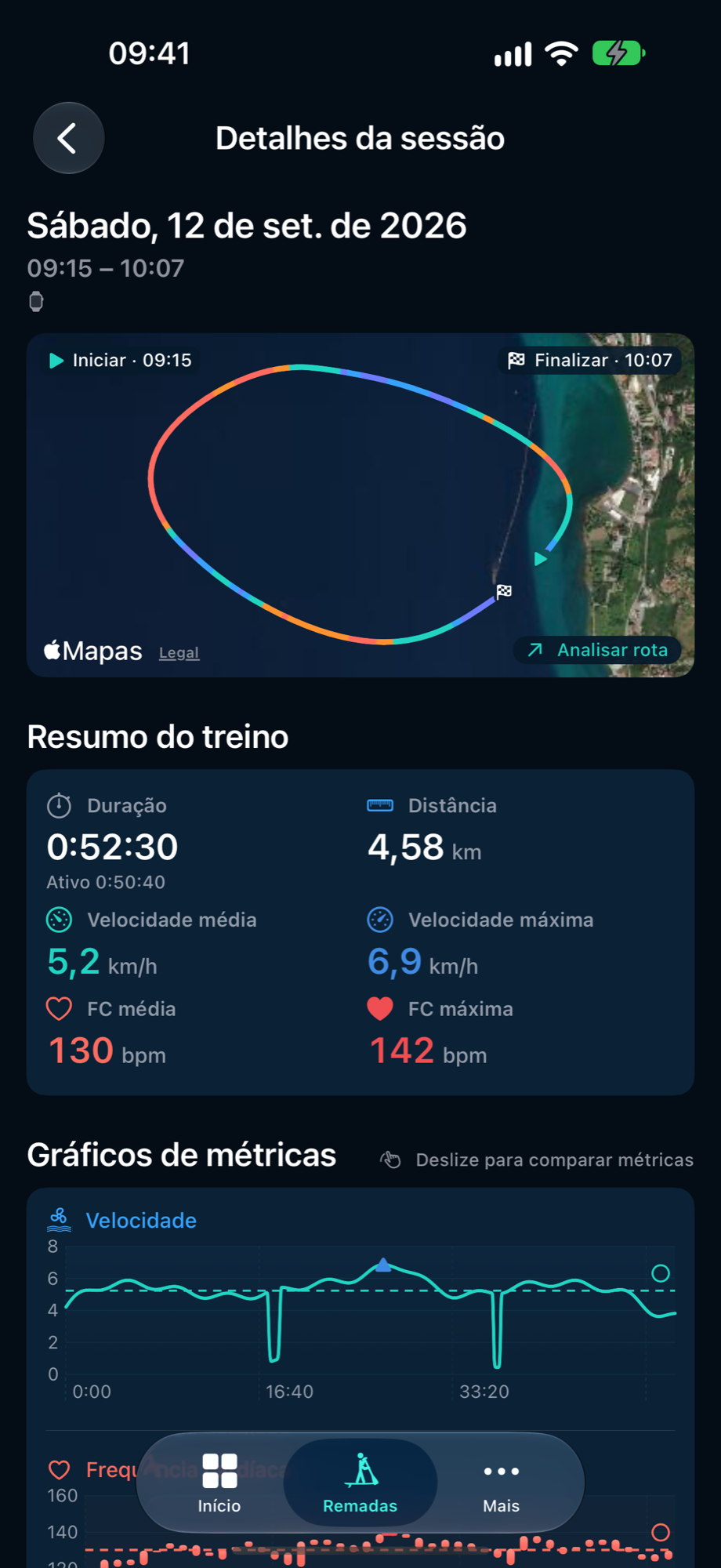 Detalhes da sessão do PaddleForm com rota de demonstração e resumo do treino.