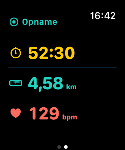 PaddleForm op Apple Watch met duur, afstand en hartslag tijdens de demonstratietocht.